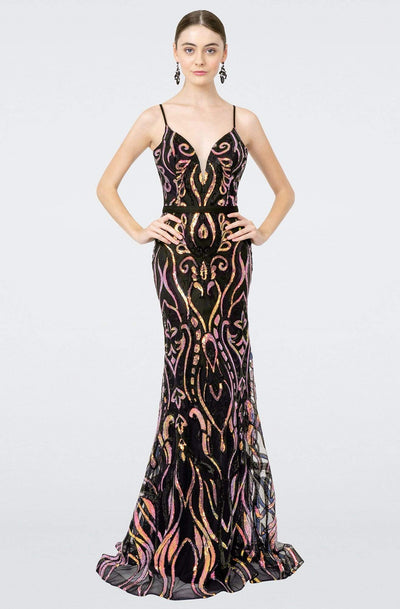 Elizabeth K - GL1845 Plunging V-Neck Iridescent Sequined Gown Evening Dresses XS / Black