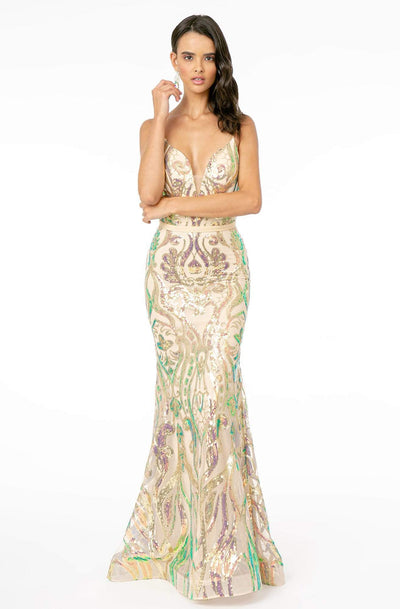 Elizabeth K - GL1845 Plunging V-Neck Iridescent Sequined Gown Evening Dresses XS / Champagne