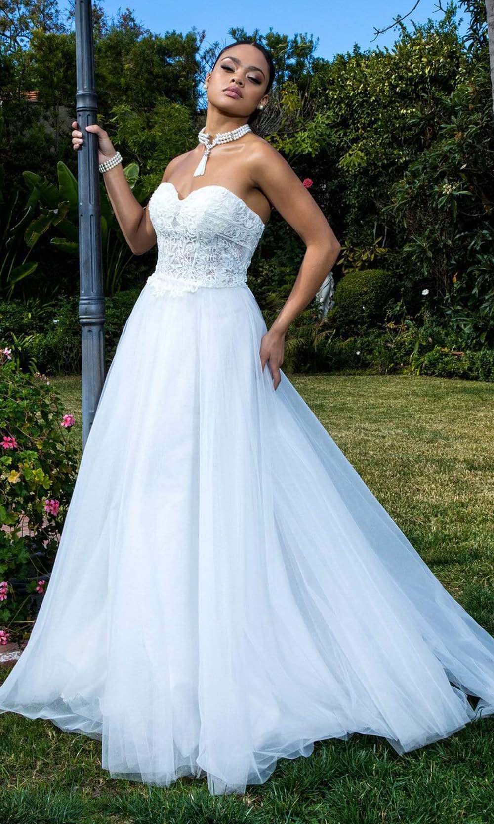 Elizabeth K - GL1900 Embellished Lace Mesh A-line Gown Wedding Dresses XS / Ivory