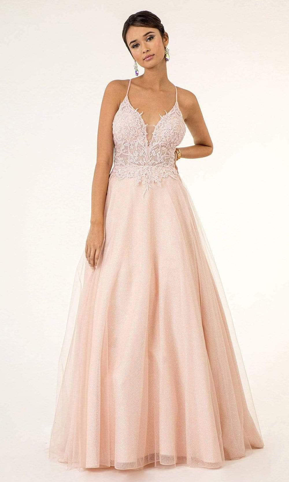 Elizabeth K - GL1917 Beaded Floral Embroidery Bodice Glitter Mesh Gown Prom Dresses XS / Blush