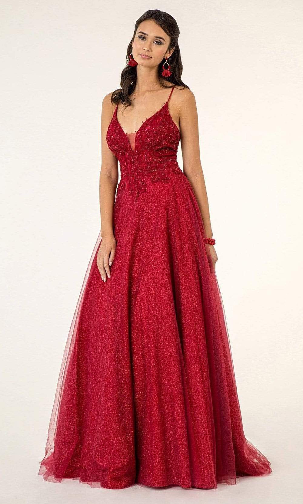 Elizabeth K - GL1917 Beaded Floral Embroidery Bodice Glitter Mesh Gown Prom Dresses XS / Burgundy
