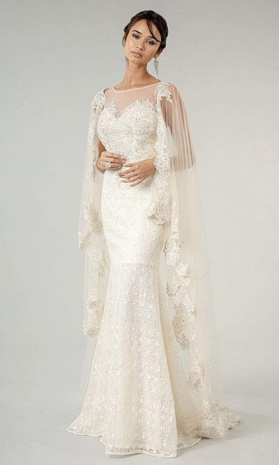 Elizabeth K - GL1918 Lace Embroidered Sheath Bridal Gown with Cape Wedding Dresses XS / Ivory
