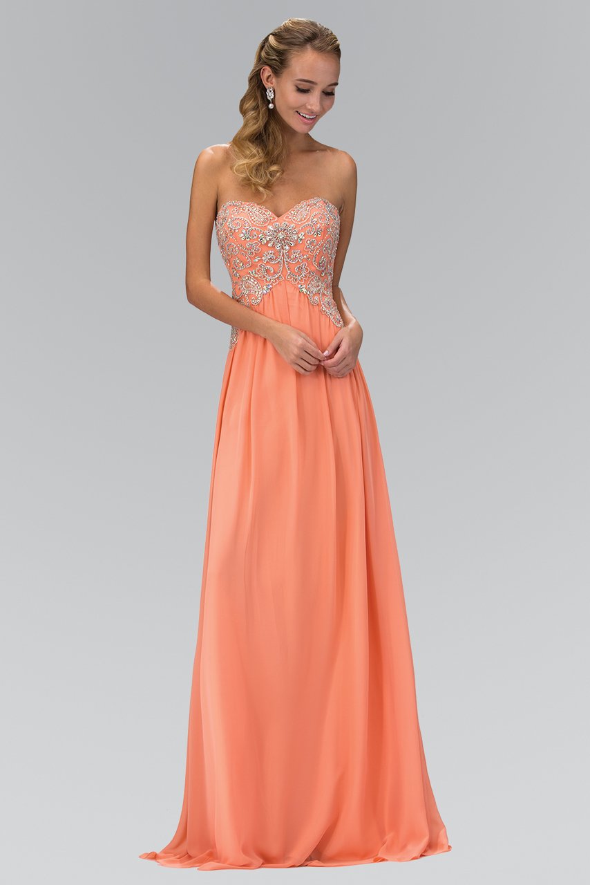 Elizabeth K - GL2036 Strapless Ornate Paisley Chiffon Gown Special Occasion Dress XS / Coral