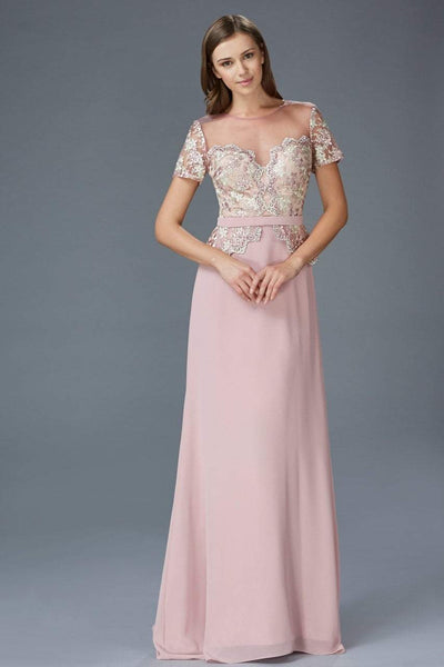 Elizabeth K - GL2100 Lace Embellished Illusion Jewel Neck Dress Special Occasion Dress XS / D/Rose