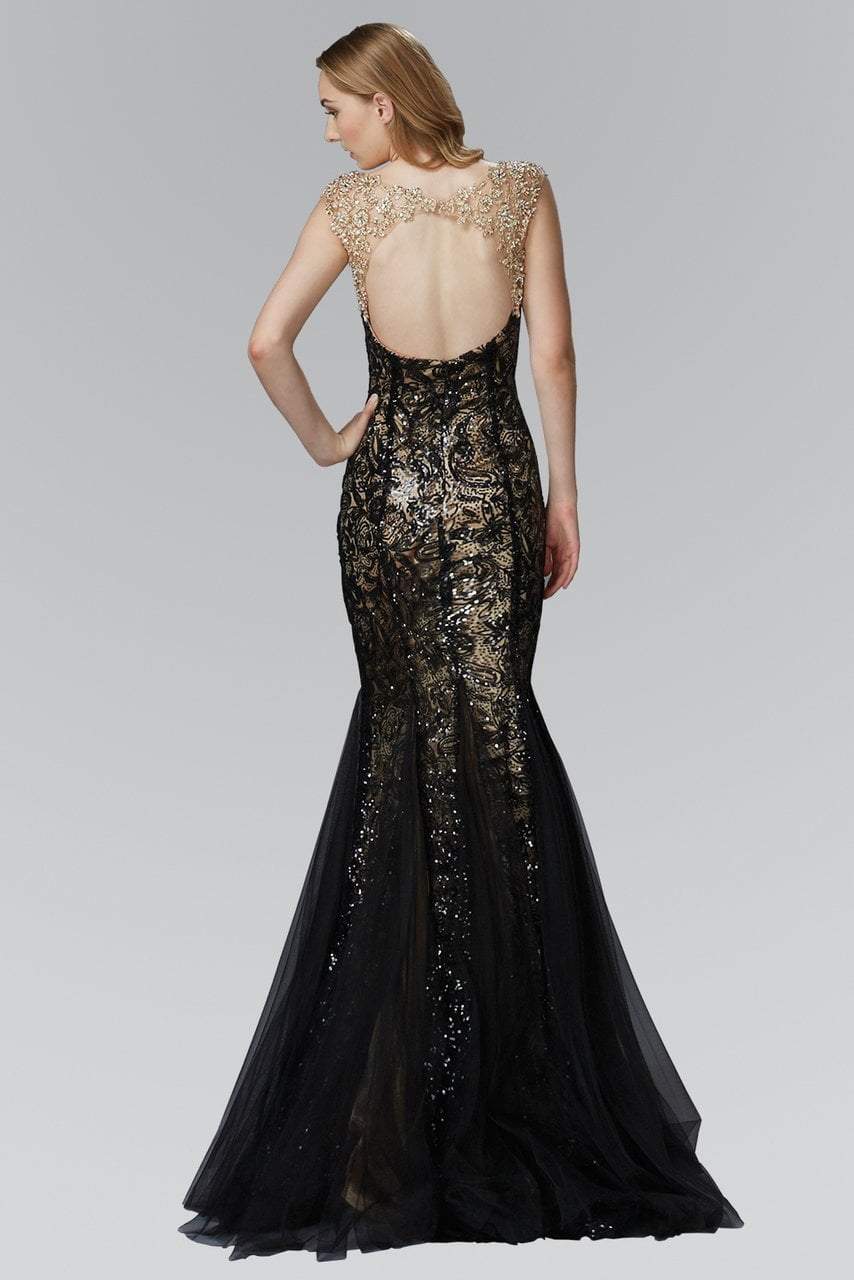 Elizabeth K - GL2137 Sequined Bateau Neck Tulle Trumpet Gown Special Occasion Dress XS / Blk/Nude