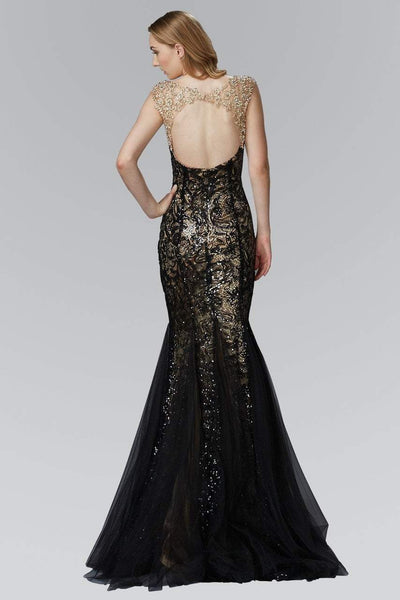 Elizabeth K - GL2137 Sequined Bateau Neck Tulle Trumpet Gown Special Occasion Dress XS / Blk/Nude