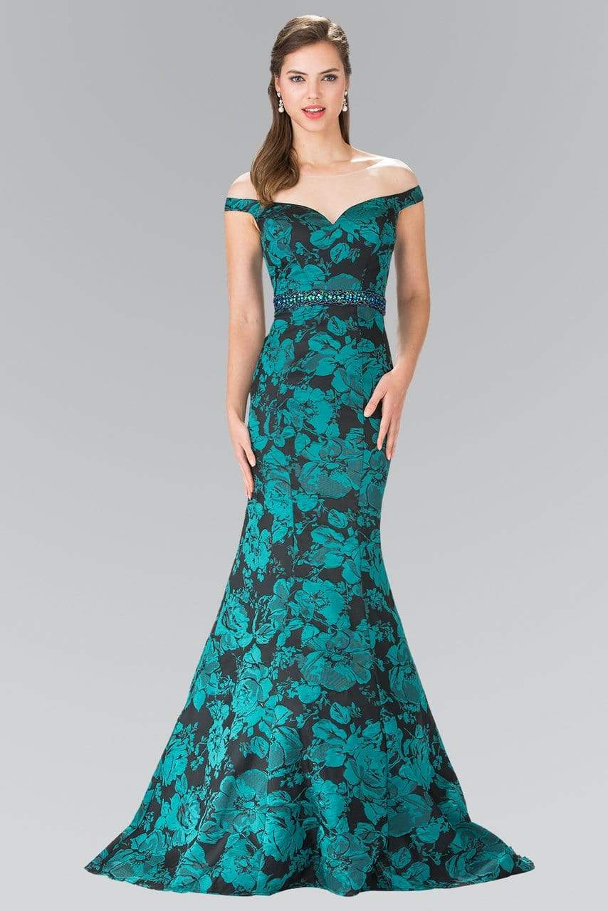 Elizabeth K - GL2245 Mock Off-Shoulder Floral Print Mermaid Gown Special Occasion Dress XS / Green