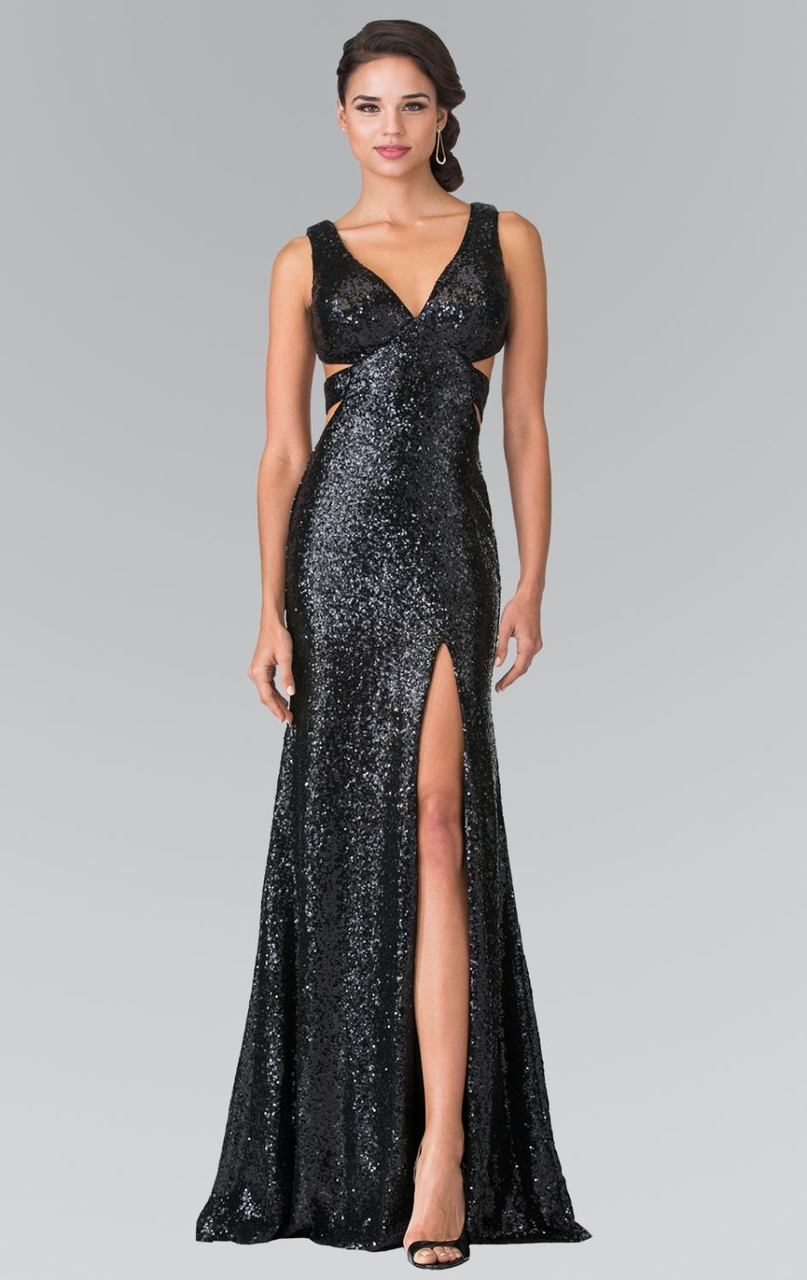 Elizabeth K - GL2300 V-Neck Long Dress with Slit Special Occasion Dress XS / Black