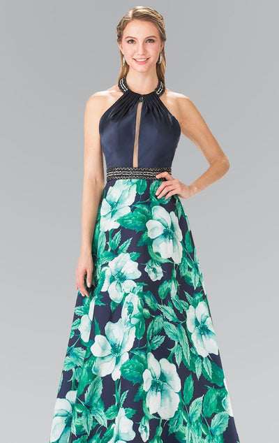 Elizabeth K - GL2302 Long Halter Floral Gown Special Occasion Dress XS / Green/Navy