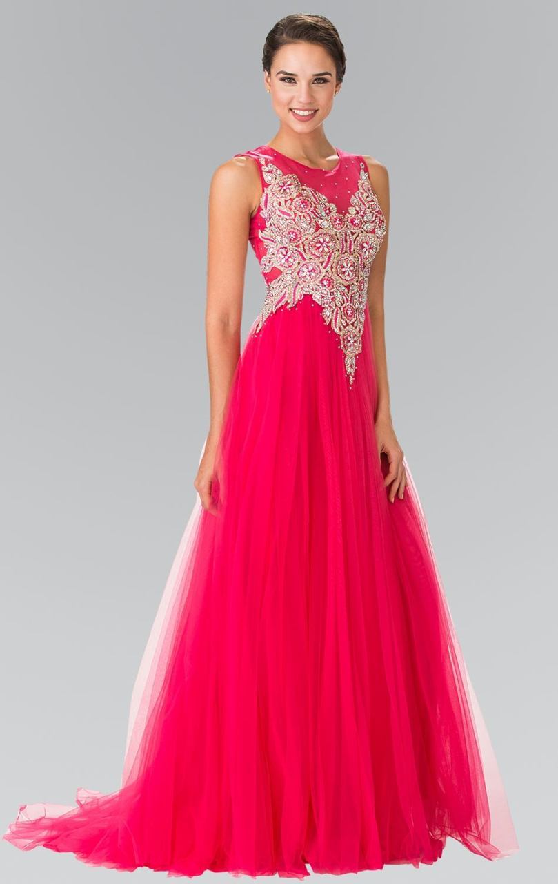 Elizabeth K - GL2317 Embellished Scoop Neck Tulle A-Line Dress Special Occasion Dress XS / Fuchsia