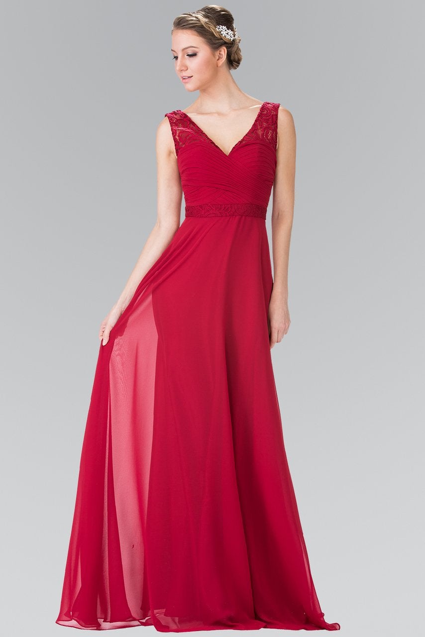 Elizabeth K - GL2363 Lace Embellished Pleated V-Neck Dress Special Occasion Dress XS / Burgundy