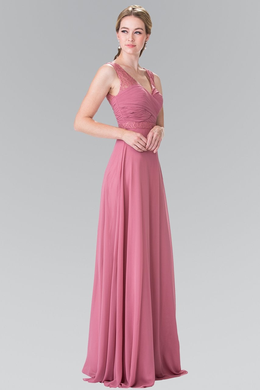 Elizabeth K - GL2363 Lace Embellished Pleated V-Neck Dress Special Occasion Dress XS / D/Rose