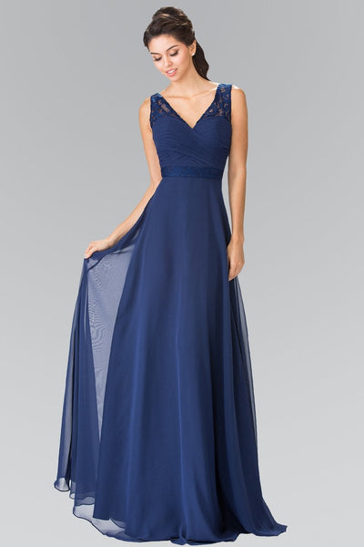 Elizabeth K - GL2363 Lace Embellished Pleated V-Neck Dress Special Occasion Dress XS / Navy