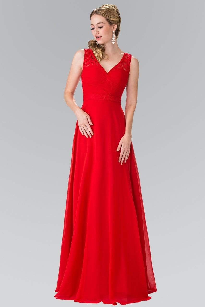 Elizabeth K - GL2363 Lace Embellished Pleated V-Neck Dress Bridesmaid Dresses XS / Red