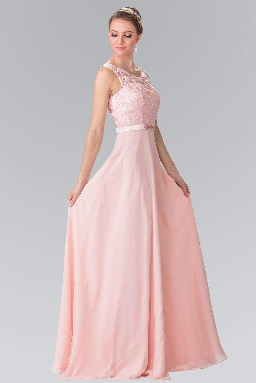 Elizabeth K - GL2364 Embroidered Illusion Top Chiffon A Line Dress Bridesmaid Dresses XS / Blush