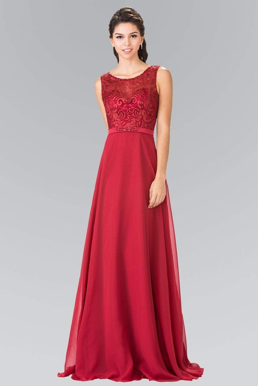 Elizabeth K - GL2364 Embroidered Illusion Top Chiffon A Line Dress Bridesmaid Dresses XS / Burgundy