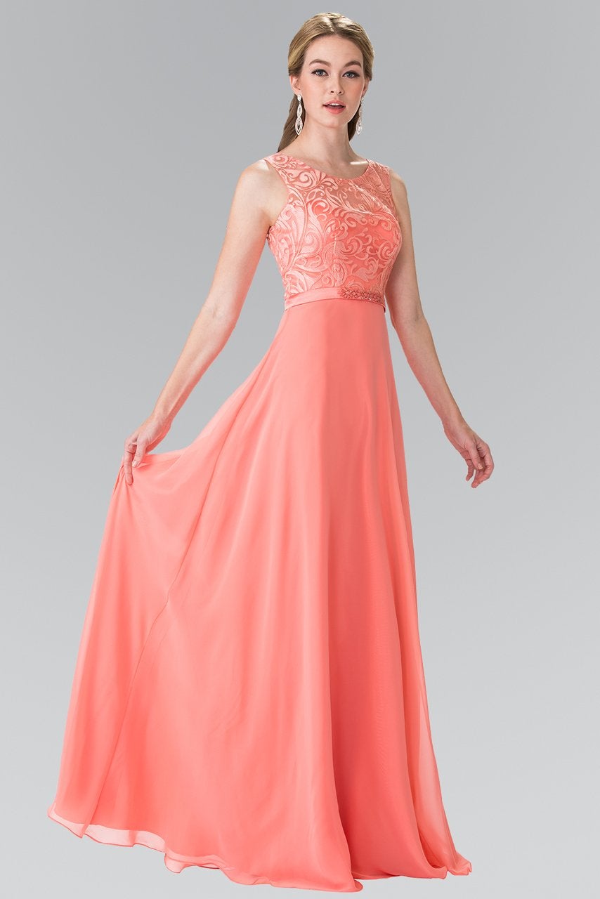 Elizabeth K - GL2364 Embroidered Illusion Top Chiffon A Line Dress Special Occasion Dress XS / Coral