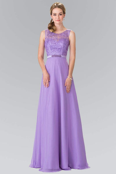 Elizabeth K - GL2364 Embroidered Illusion Top Chiffon A Line Dress Bridesmaid Dresses XS / Lilac