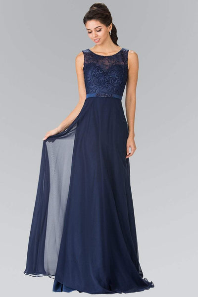 Elizabeth K - GL2364 Embroidered Illusion Top Chiffon A Line Dress Special Occasion Dress XS / Navy