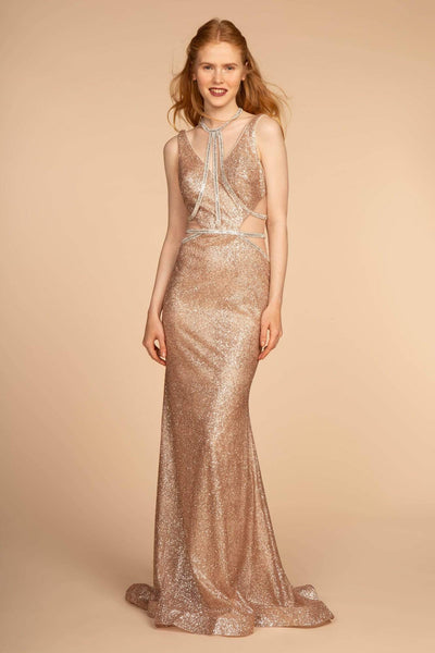Elizabeth K - GL2509 Jeweled Halter Strap Glitter Long Gown Special Occasion Dress XS / Rose Gold
