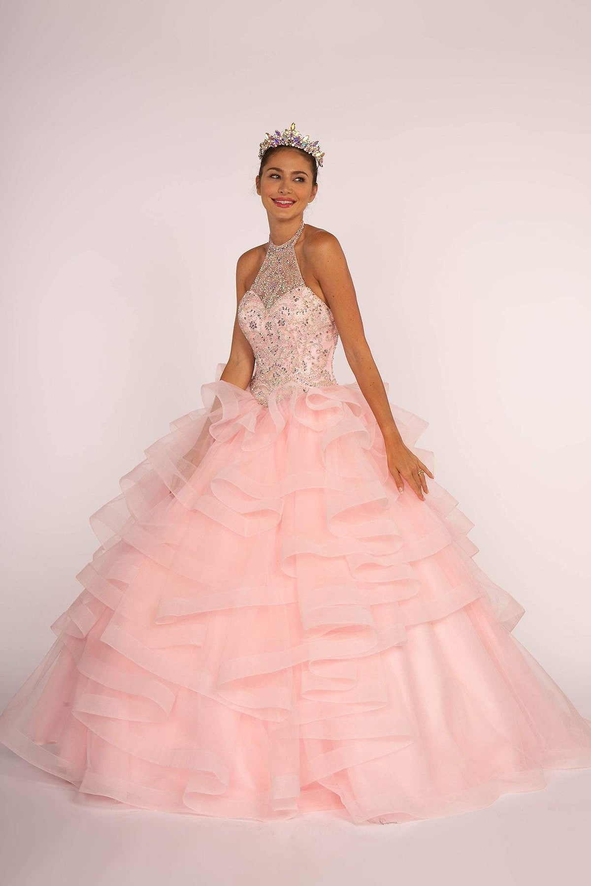 Elizabeth K - GL2512 Ornate Illusion High Halter Ruffled Ballgown Special Occasion Dress XS / Baby Pink