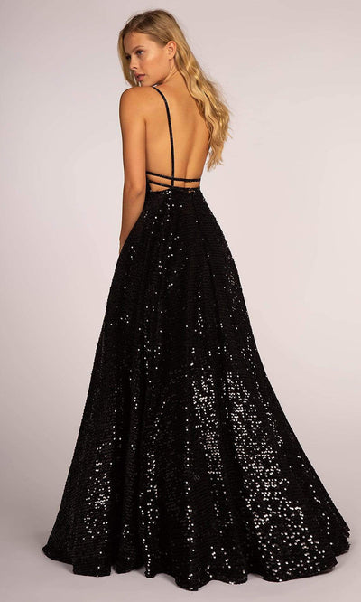 Elizabeth K - Plunging Sweetheart Sequined A-Line Gown GL2581SC In Black