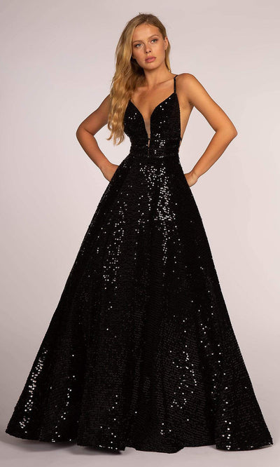Elizabeth K - Plunging Sweetheart Sequined A-Line Gown GL2581SC In Black