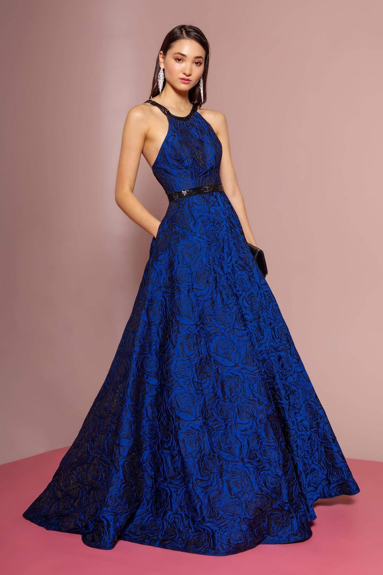 Elizabeth K - GL2676 Embellished Jacquard A-line Dress Special Occasion Dress XS / Royal Blue