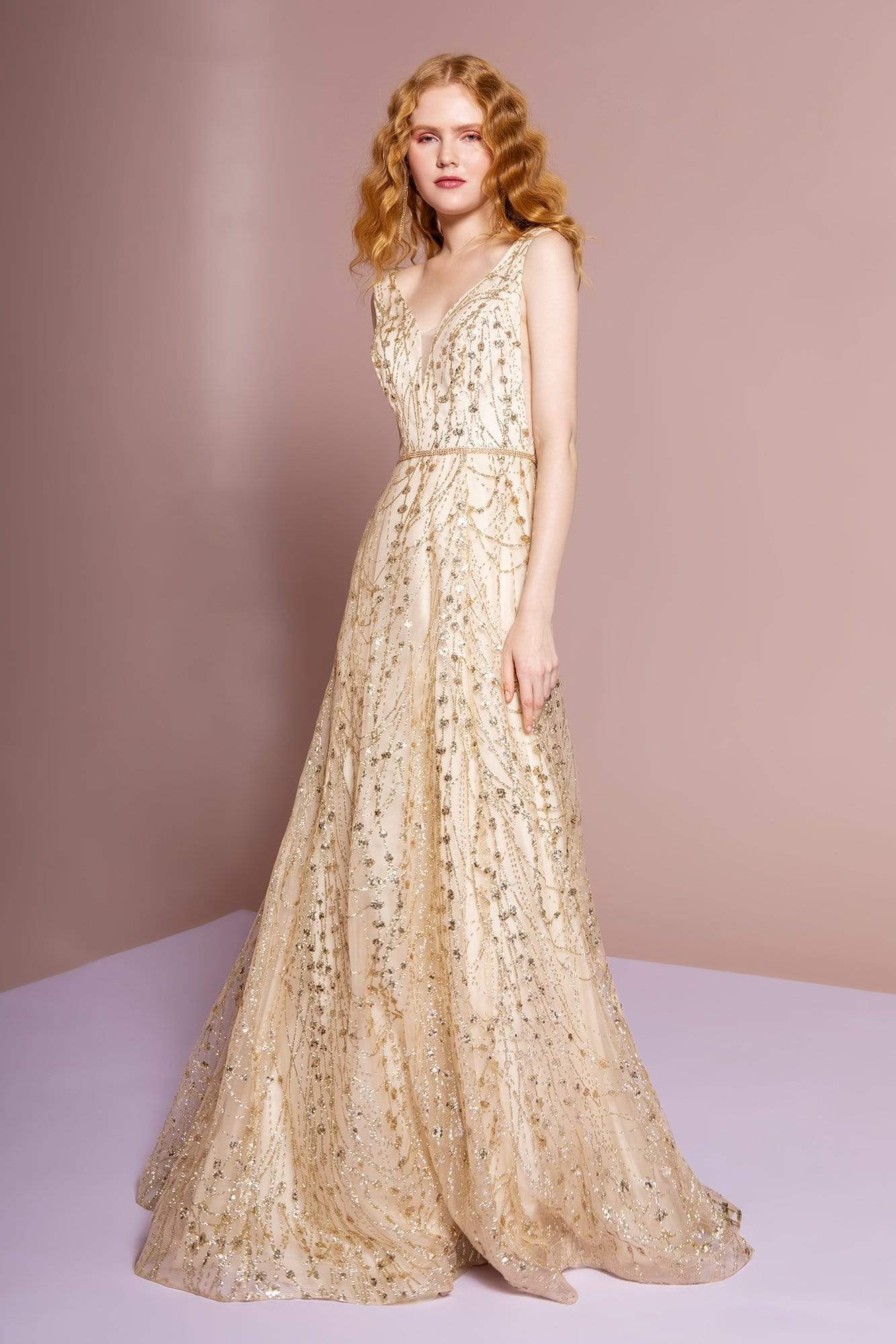 Elizabeth K - GL2691 Mesh Glitter Deep V-neck A-line Gown Special Occasion Dress XS / Champagne