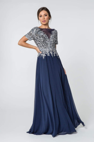 Elizabeth K - GL2826 Metallic Lace Embroidered Chiffon Dress Mother of the Bride Dresses XS / Navy