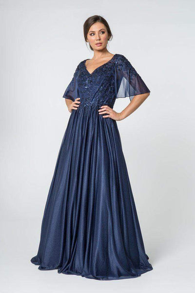 Elizabeth K - GL2830 Sheer Cape Sleeve Appliqued Chiffon Dress Mother of the Bride Dresses XS / Navy
