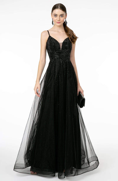 Elizabeth K - GL2891 Beaded Bodice Illusion Deep V-Neck Long Dress Prom Dresses XS / Black
