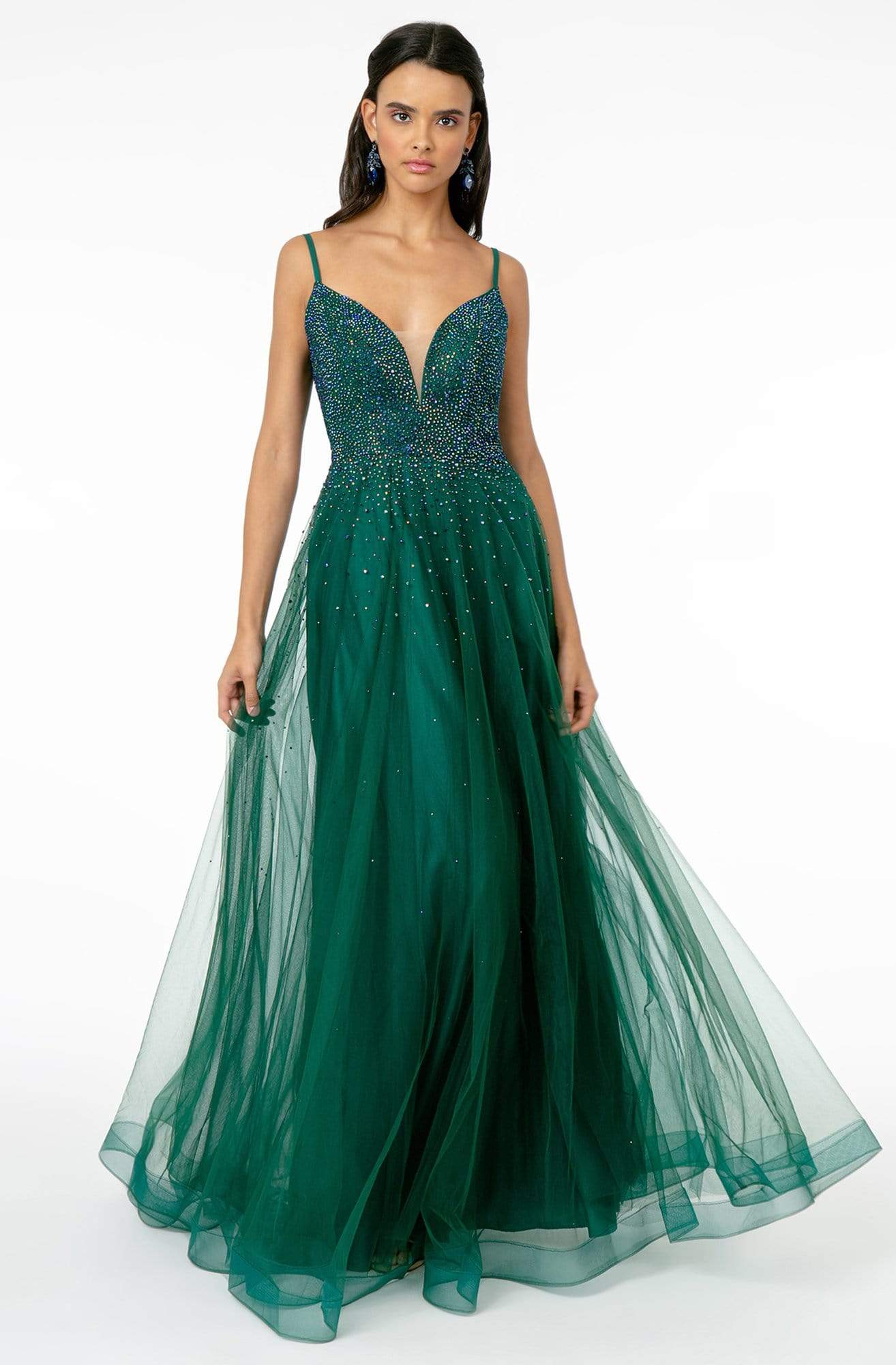 Elizabeth K - GL2891 Beaded Bodice Illusion Deep V-Neck Long Dress Prom Dresses XS / Green