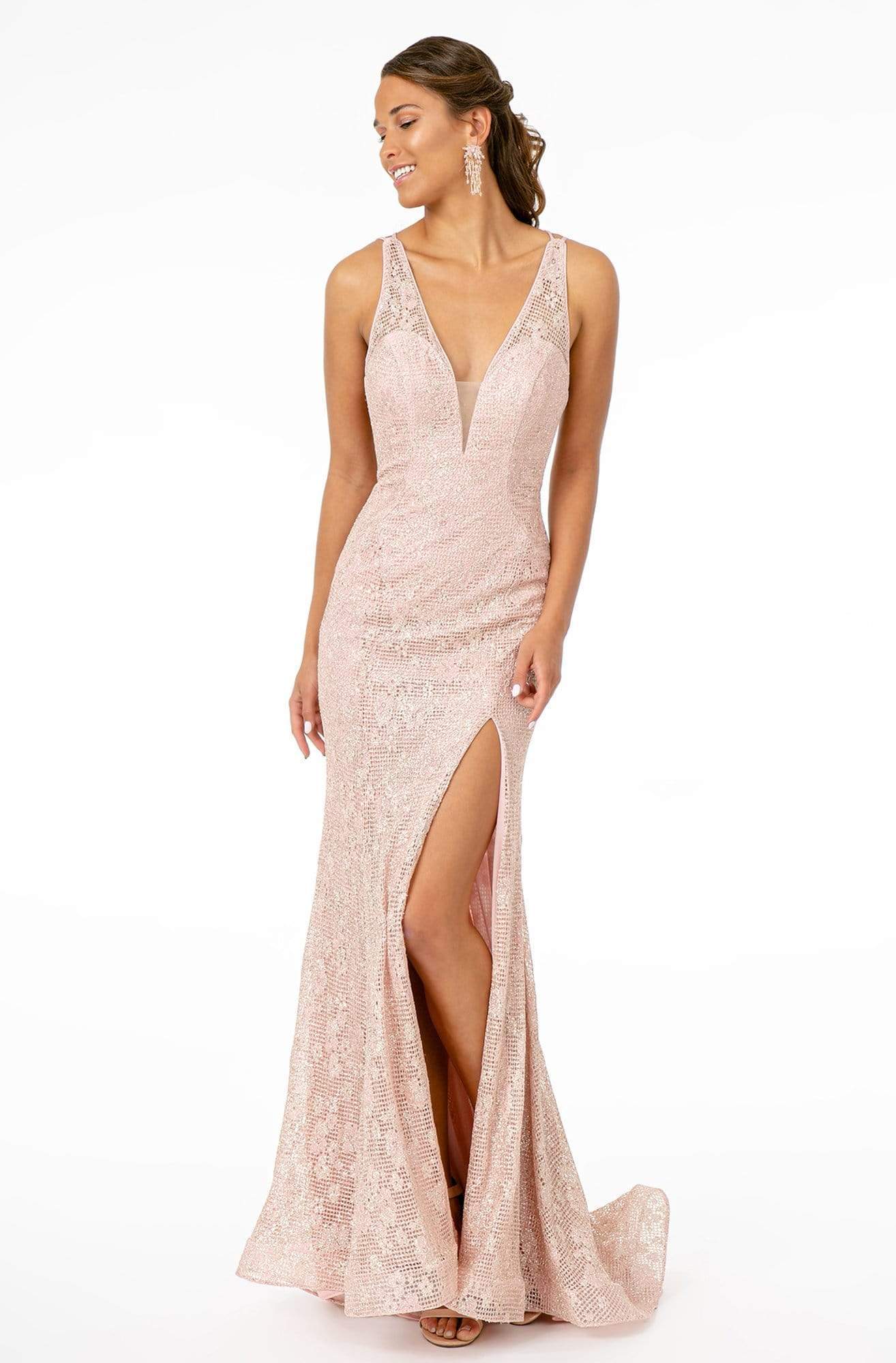 Elizabeth K - GL2898 Strappy Open Back Glitter High Slit Gown Evening Dresses XS / Rose Gold