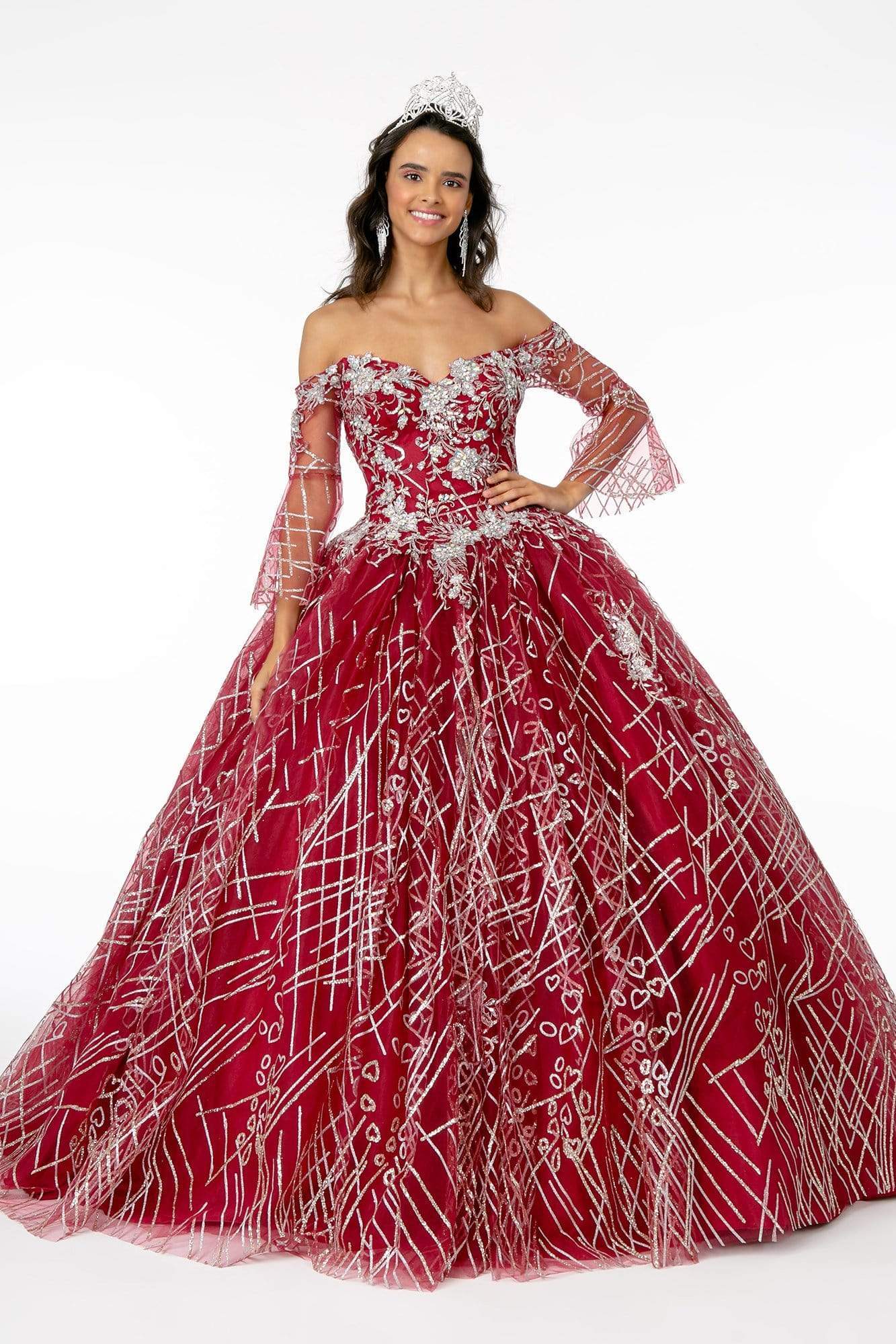 Elizabeth K - GL2911 Glitter Off-Shoulder Ballgown Quinceanera Dresses XS / Burgundy