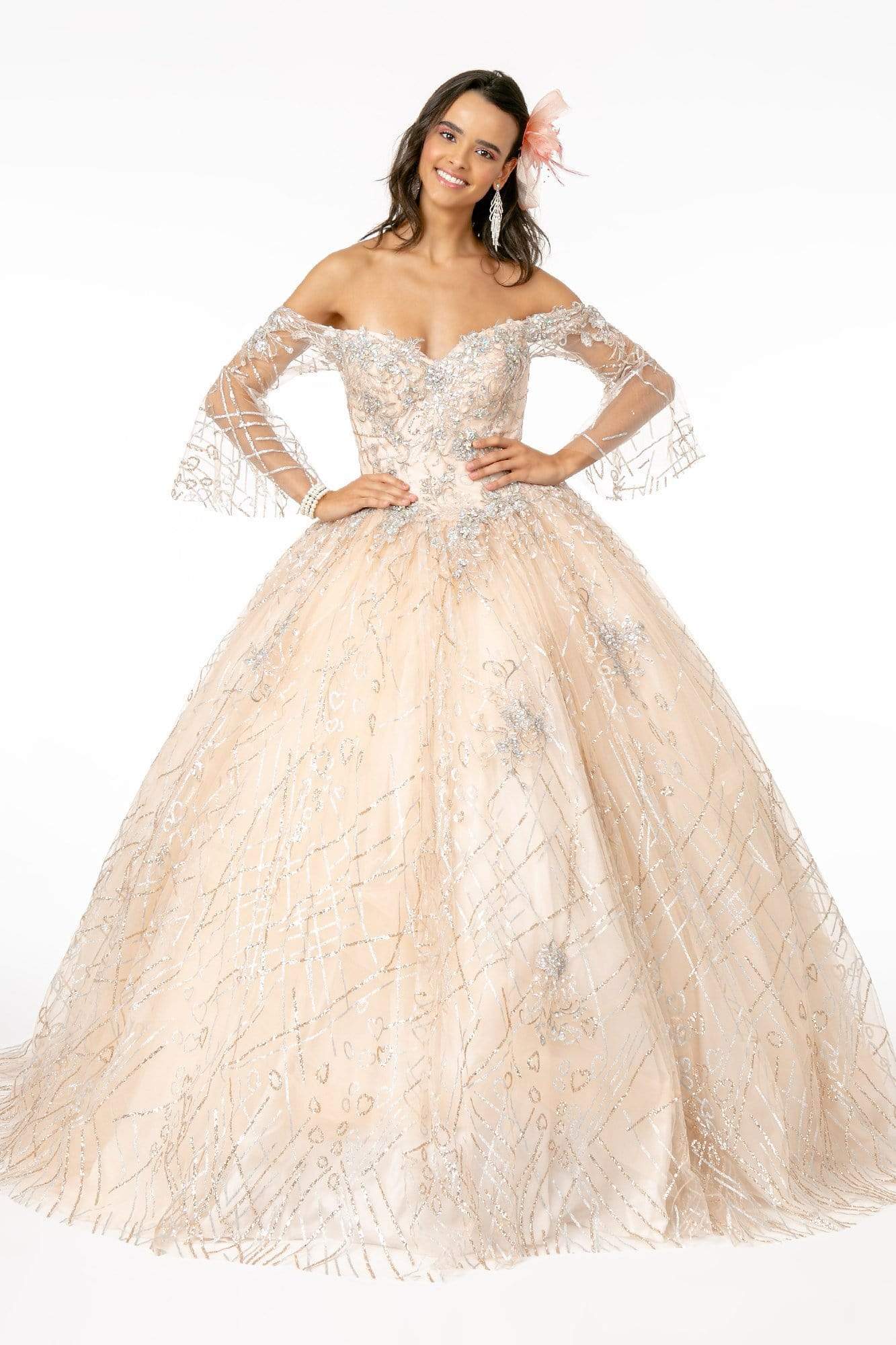 Elizabeth K - GL2911 Glitter Off-Shoulder Ballgown Quinceanera Dresses XS / Champagne