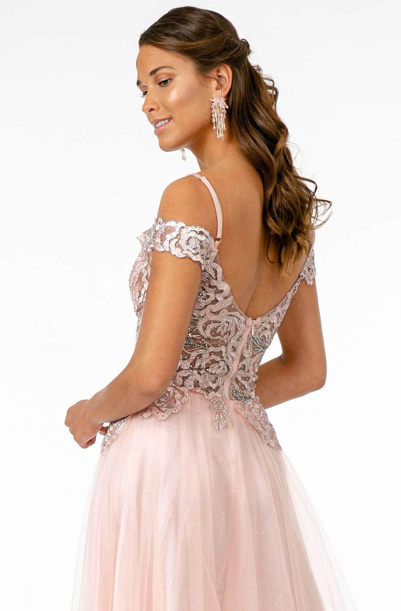 Elizabeth K GL2953 - V-Neck Sheer Bodice Prom Gown Bridesmaid Dresses M /Blush