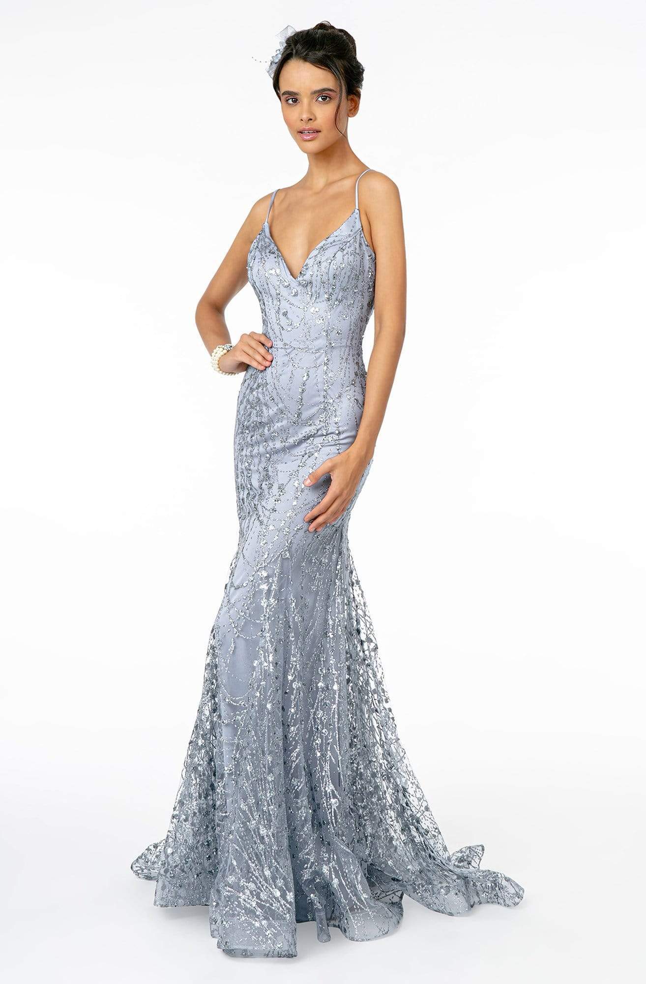 Elizabeth K - GL2965 Glitter Mesh Sleeveless Deep V-Neck Mermaid Dress Evening Dresses XS / Blue Silver