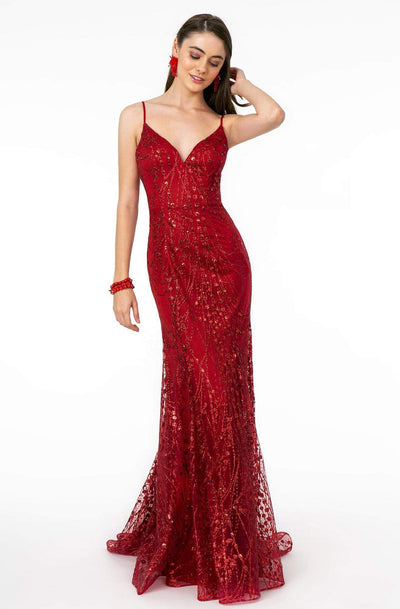 Elizabeth K - GL2965 Glitter Mesh Sleeveless Deep V-Neck Mermaid Dress Evening Dresses XS / Burgundy