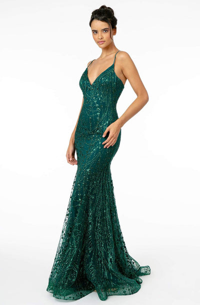 Elizabeth K - GL2965 Glitter Mesh Sleeveless Deep V-Neck Mermaid Dress Evening Dresses XS / Green