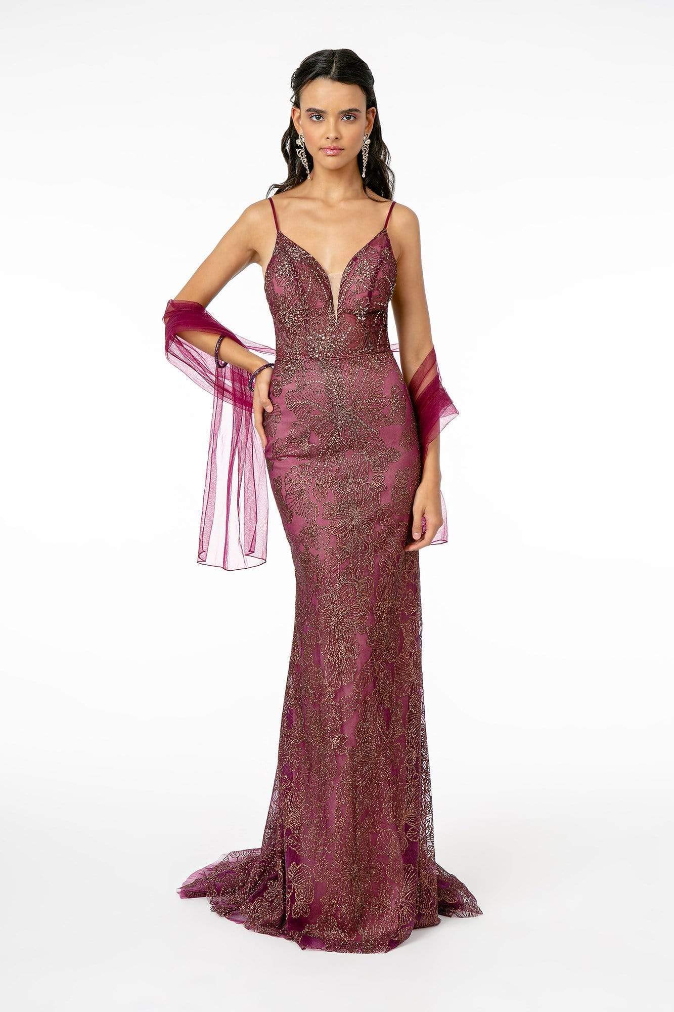 Elizabeth K - GL2989 Embellished Deep V-Neck Trumpet Dress Evening Dresses XS / Wine