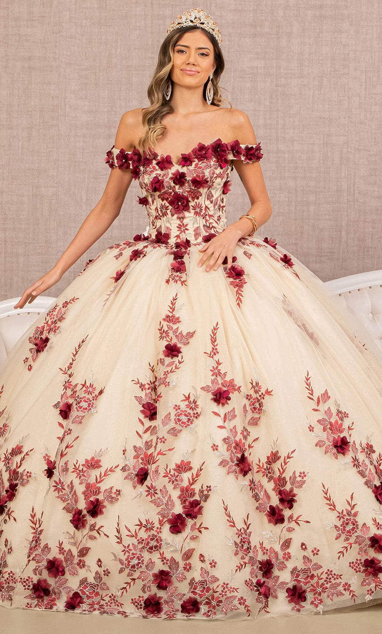 Elizabeth K GL3105 - Floral Ornate Quinceanera Ballgown Special Occasion Dress XS / Burgundy/Nude