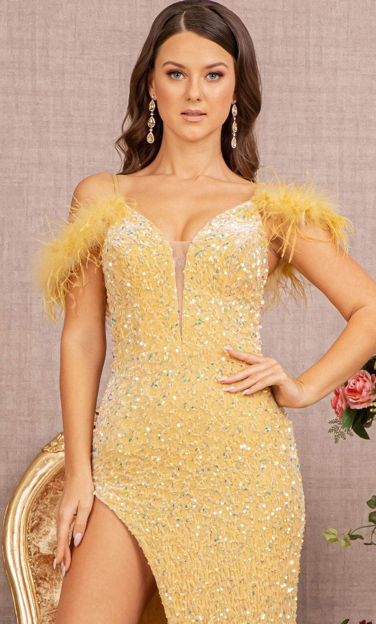 Elizabeth K GL3149 - Feather Ornate Sequin Prom Dress Special Occasion Dress