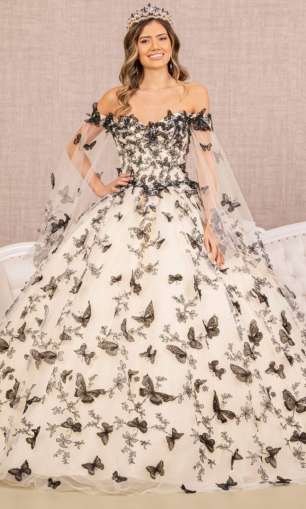 Elizabeth K GL3167 - Butterfly Motif Off Shoulder Ball Gown Special Occasion Dress XS / Champagne/Black