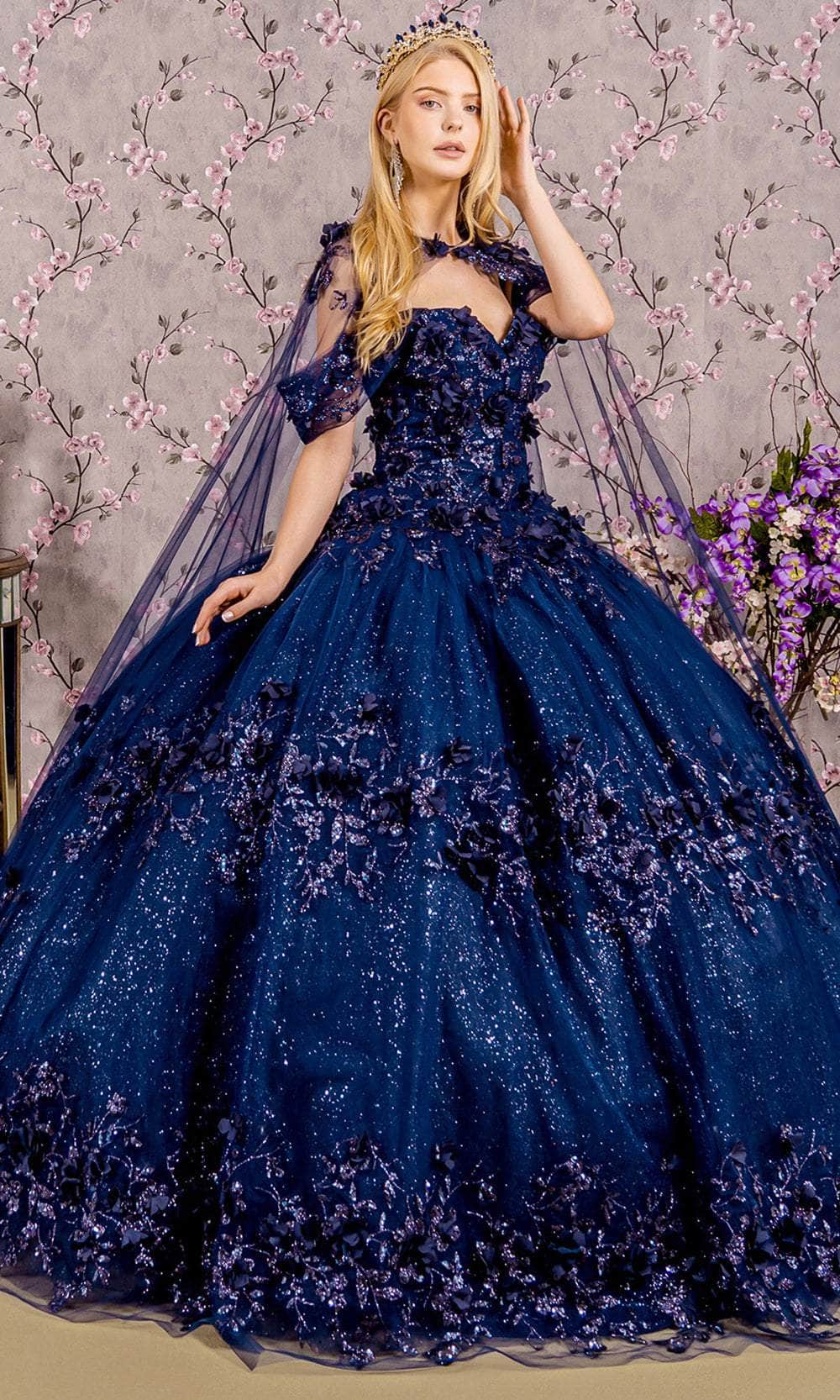 Elizabeth K GL3179 - Sequin Floral Ballgown Ball Gowns XS / Navy