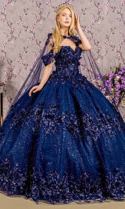 Elizabeth K GL3179 - Sequin Floral Ballgown Ball Gowns XS / Navy