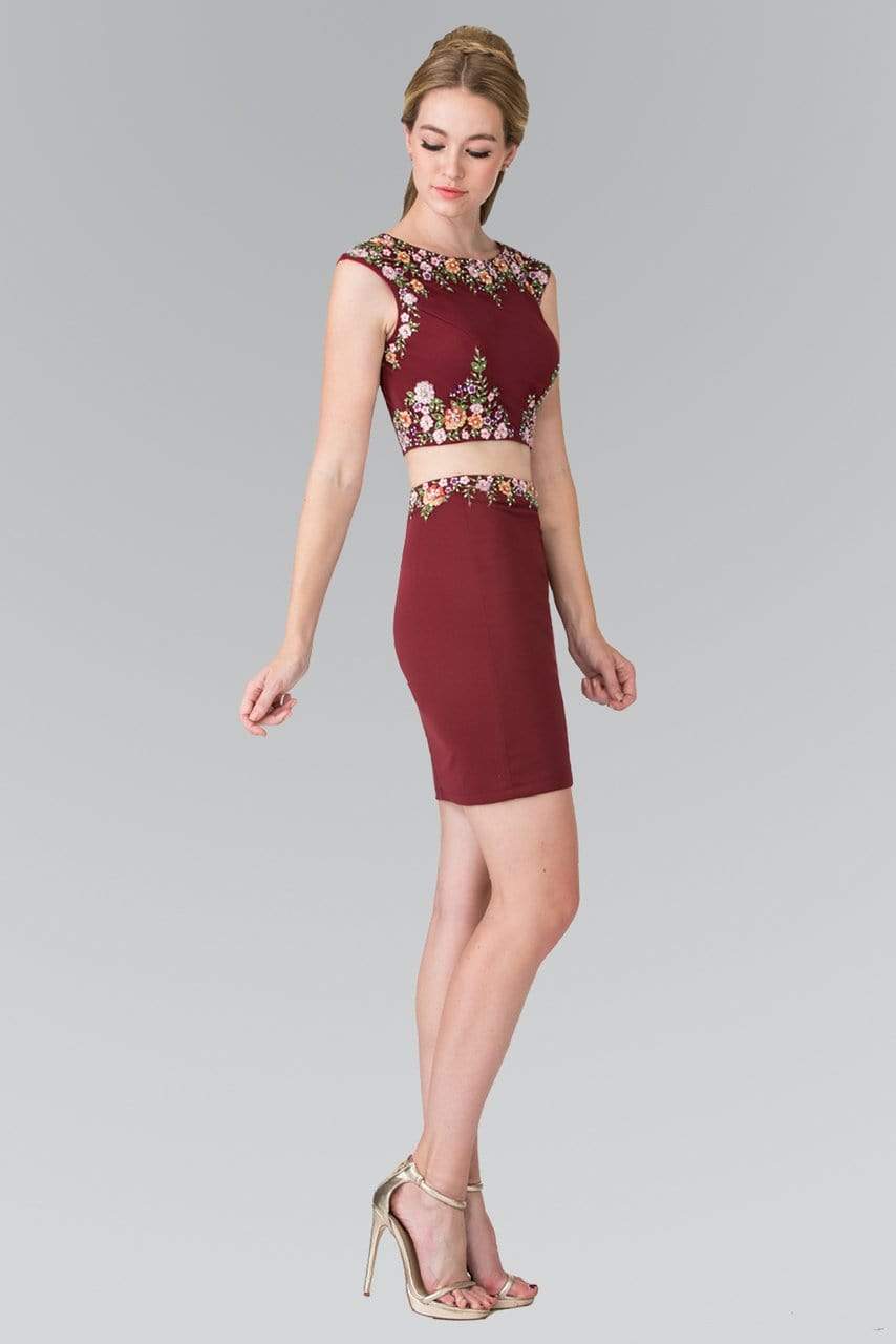 Elizabeth K - GS1439 Two-Piece Floral Embroidered Dress Special Occasion Dress XS / Burgundy