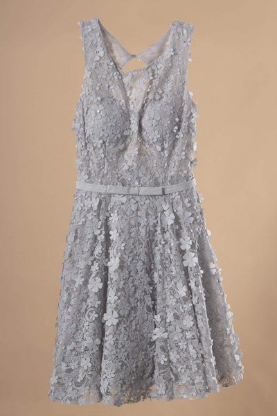 Elizabeth K - GS1604 Dimensional Floral Appliqued Lace Cocktail Dress Special Occasion Dress XS / Gray