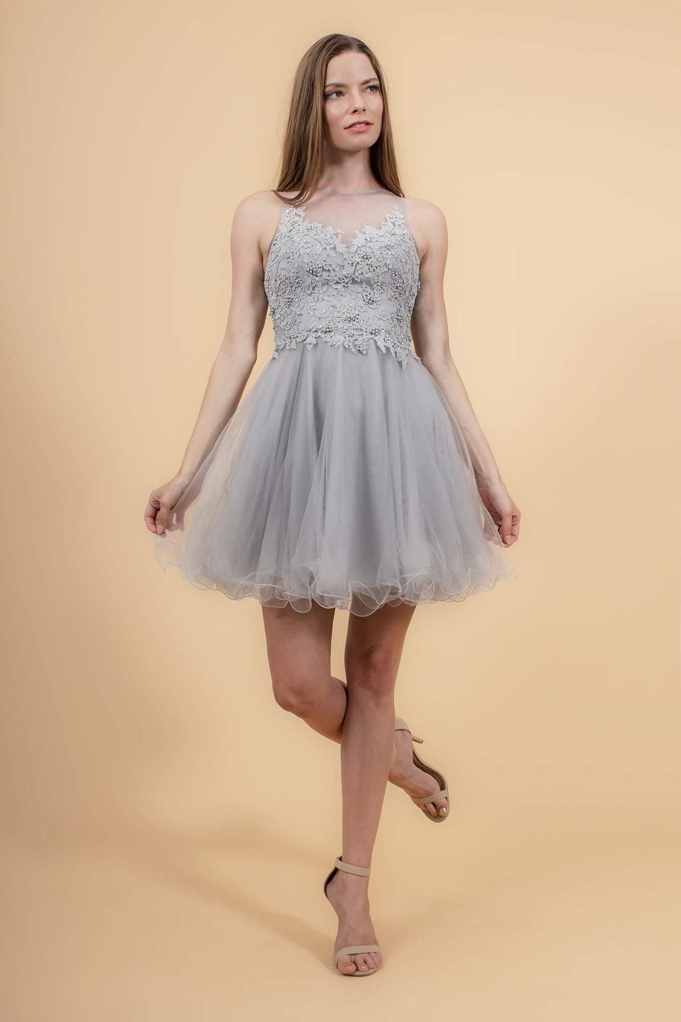 Elizabeth K - GS1607 Embroidered Bodice Illusion Tulle Cocktail Dress Special Occasion Dress