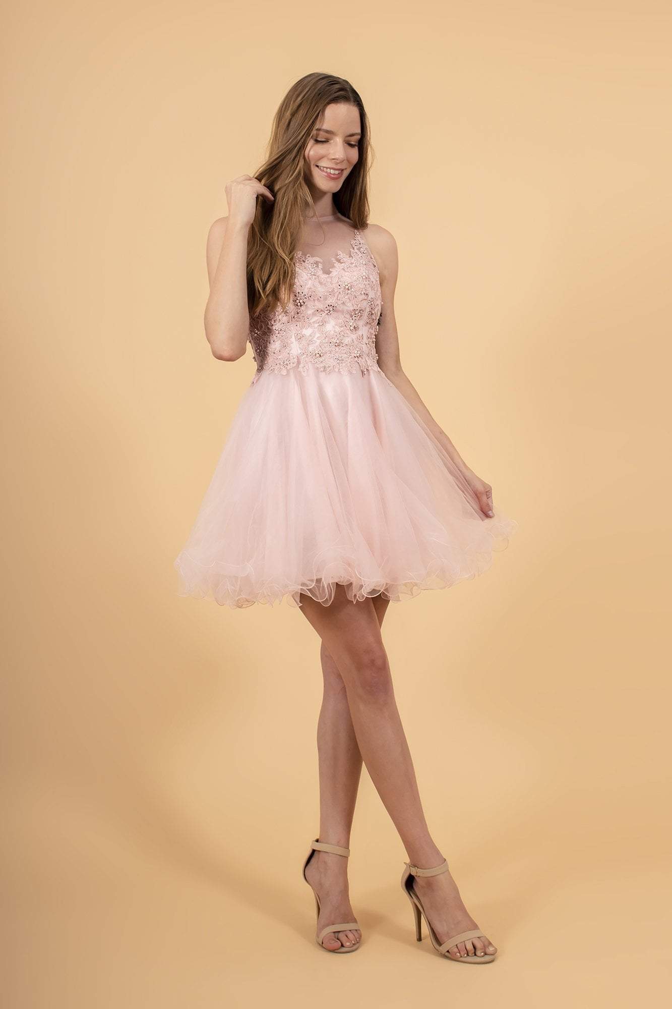 Elizabeth K - GS1607 Embroidered Bodice Illusion Tulle Cocktail Dress Special Occasion Dress XS / Blush